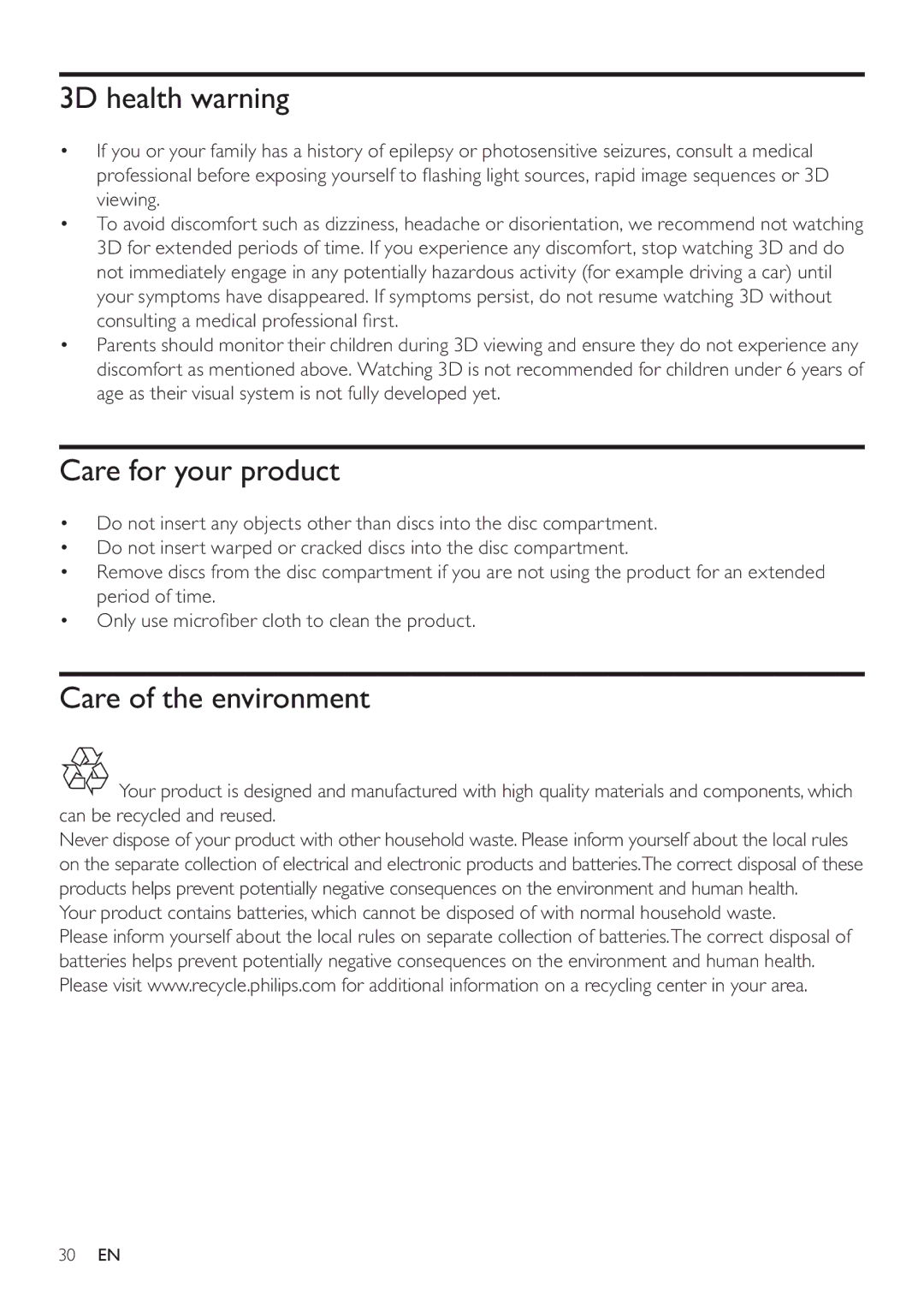 Philips BDP5200 user manual 3D health warning, Care for your product, Care of the environment 