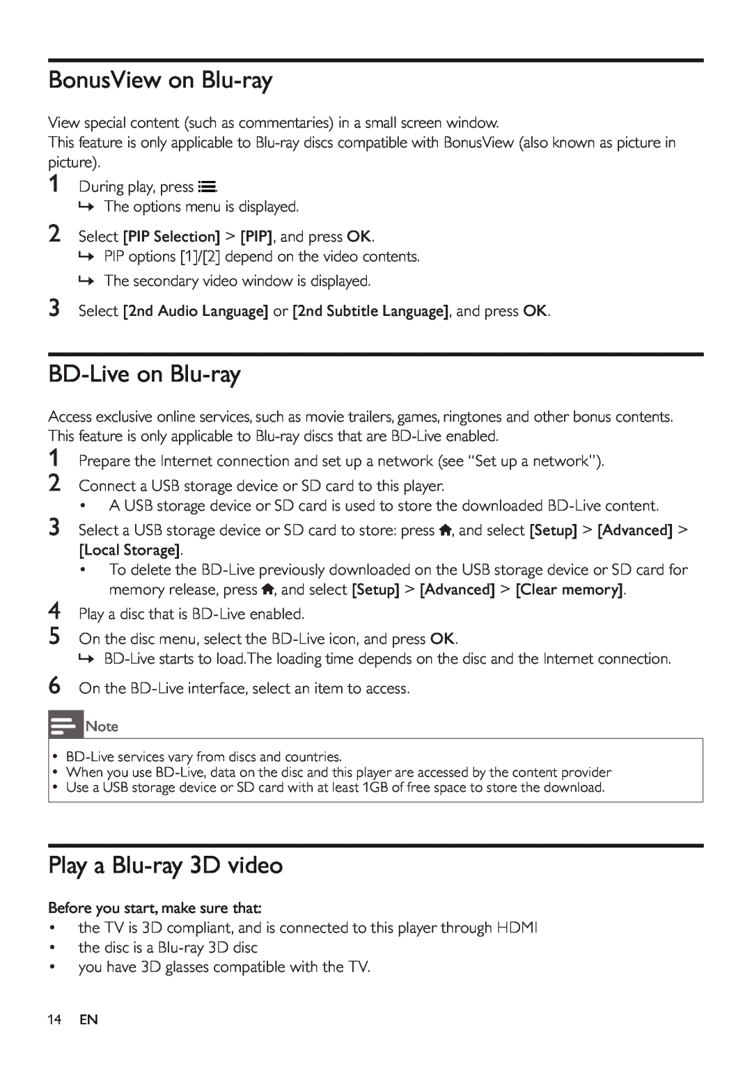Philips BDP5200 user manual BonusView on Blu-ray, BD-Live on Blu-ray, Play a Blu-ray 3D video 