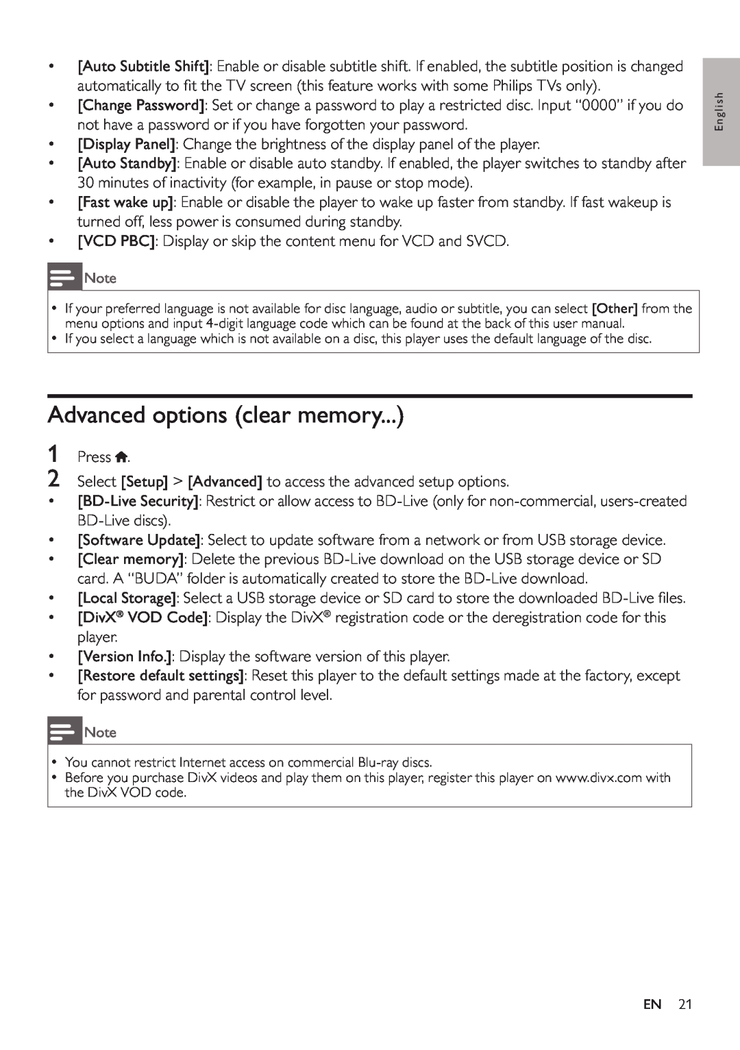 Philips BDP5200 user manual Advanced options clear memory 