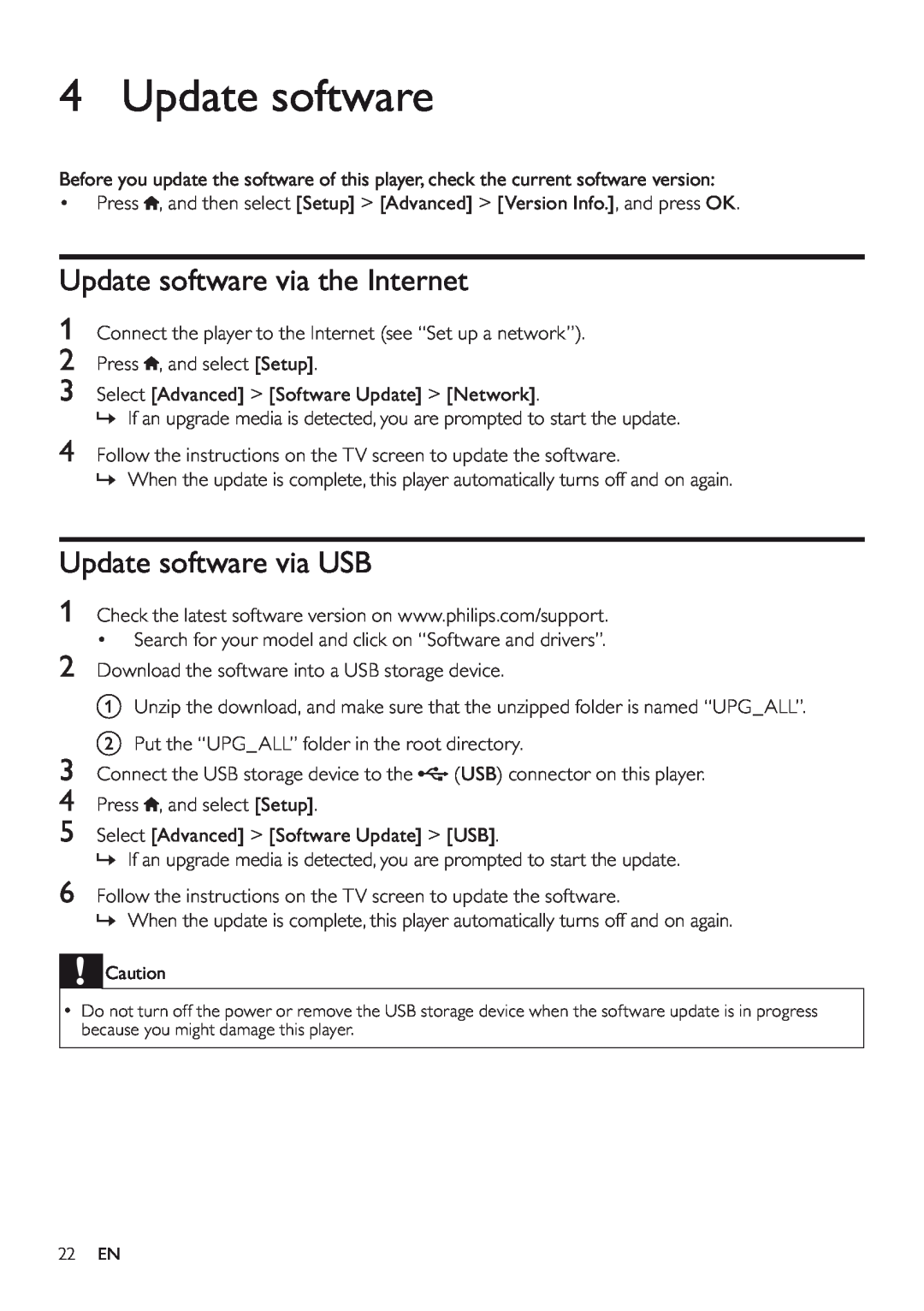 Philips BDP5200 user manual Update software via the Internet, Update software via USB 