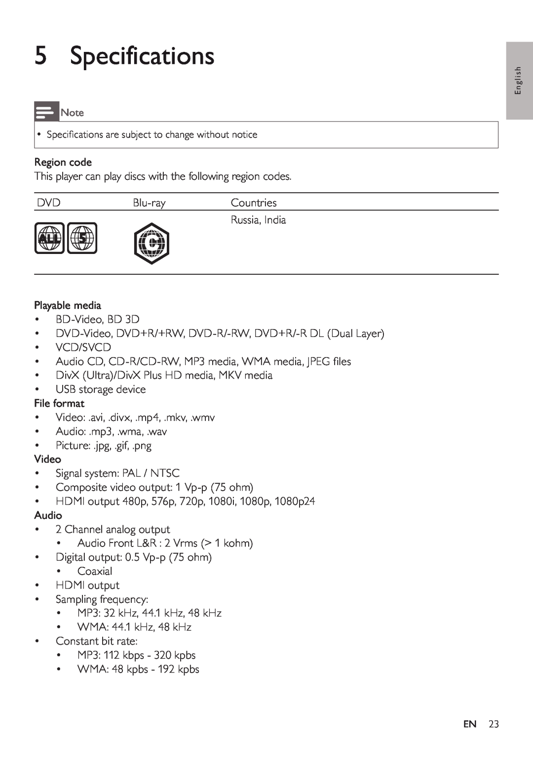 Philips BDP5200 user manual Specifications 