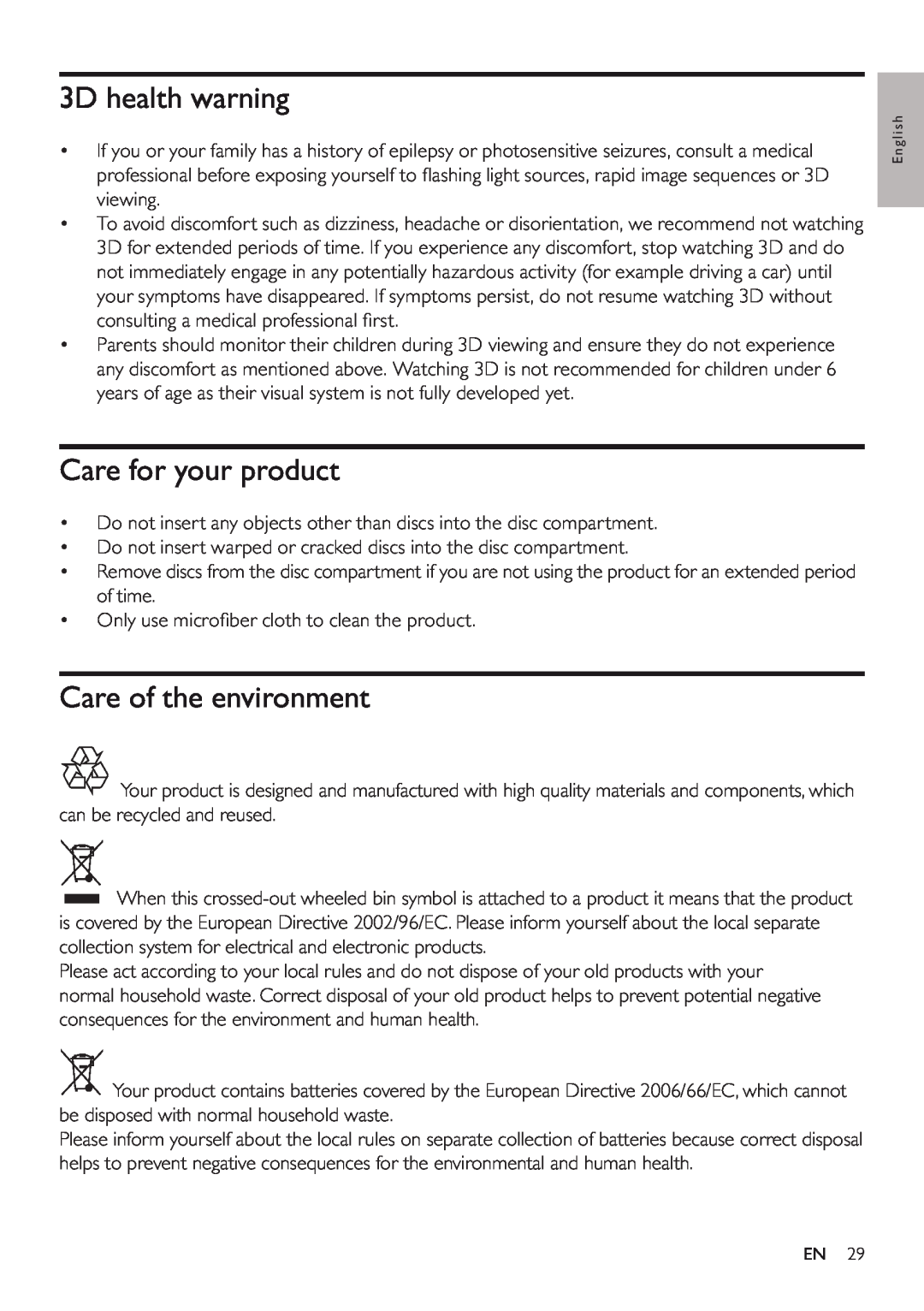 Philips BDP5200 user manual 3D health warning, Care for your product, Care of the environment 