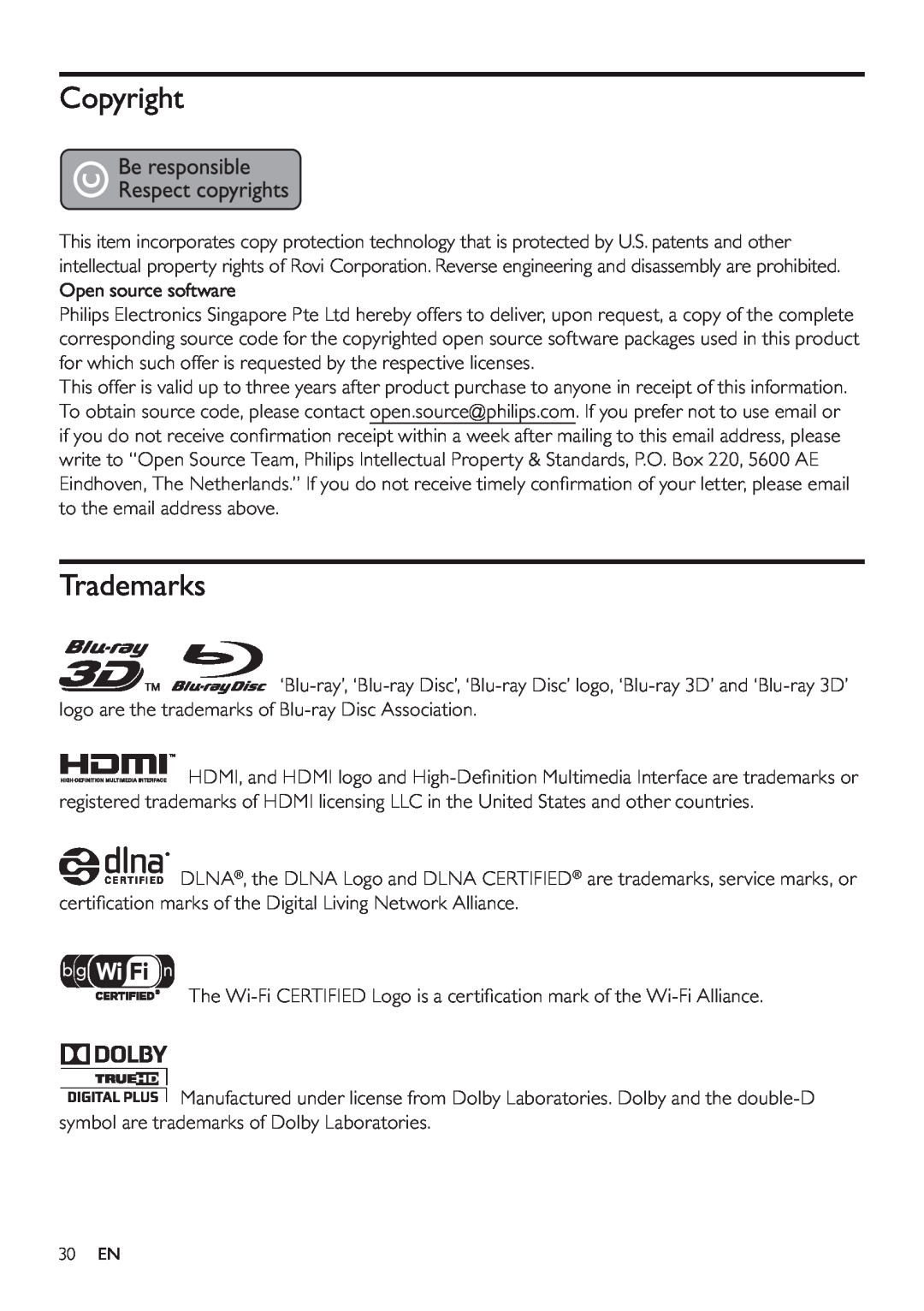 Philips BDP5200 user manual Copyright, Trademarks 