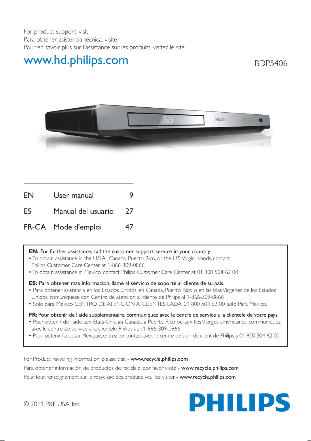 Philips BDP5406 user manual Fr-Ca 