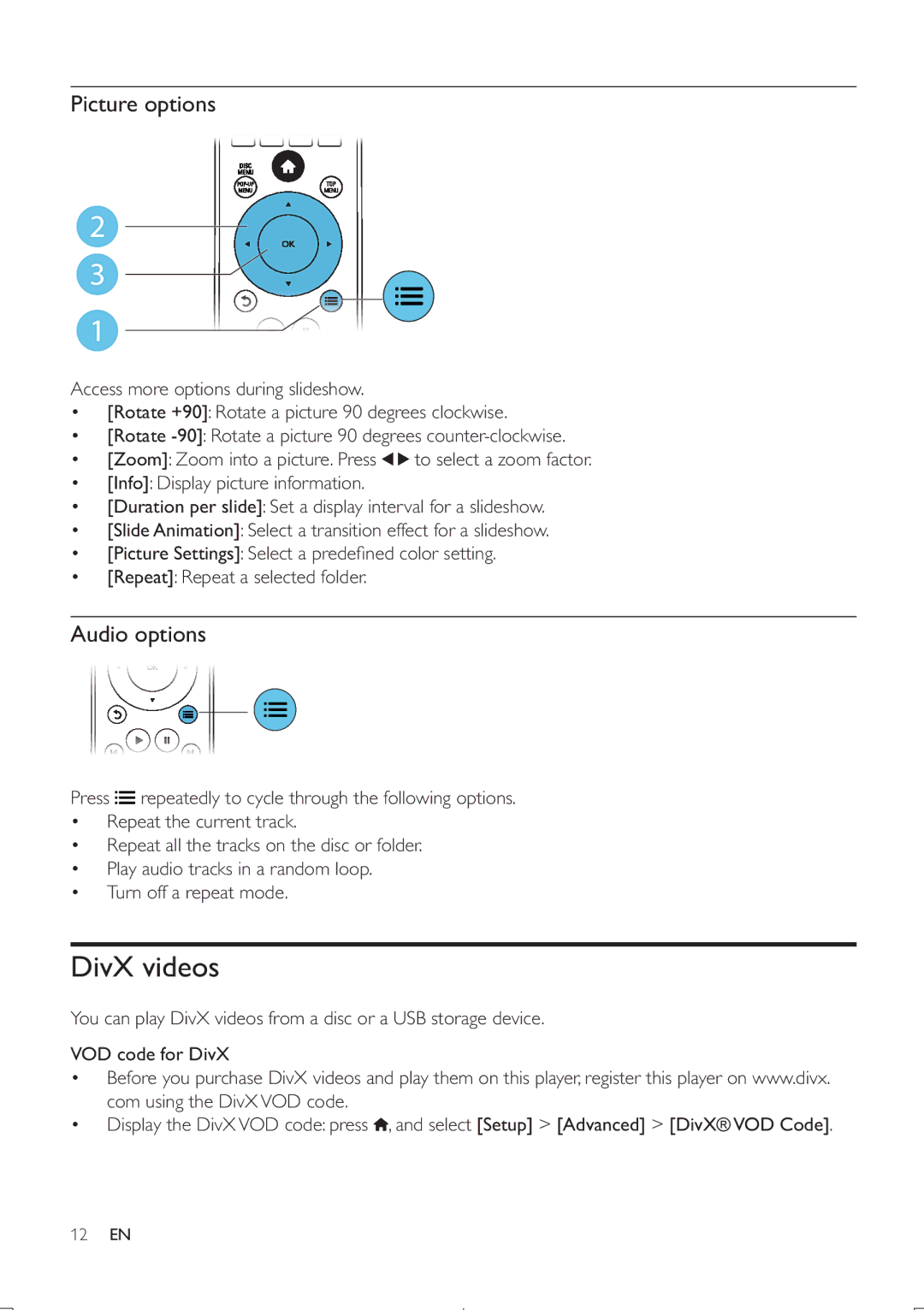 Philips BDP5406 user manual DivX videos, Picture options 