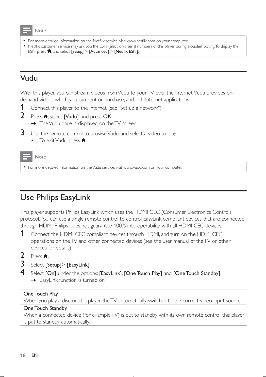 Philips BDP5406 user manual Vudu, Use Philips EasyLink 