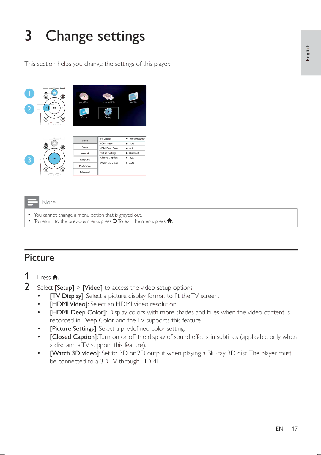 Philips BDP5406 user manual Change settings, Picture 