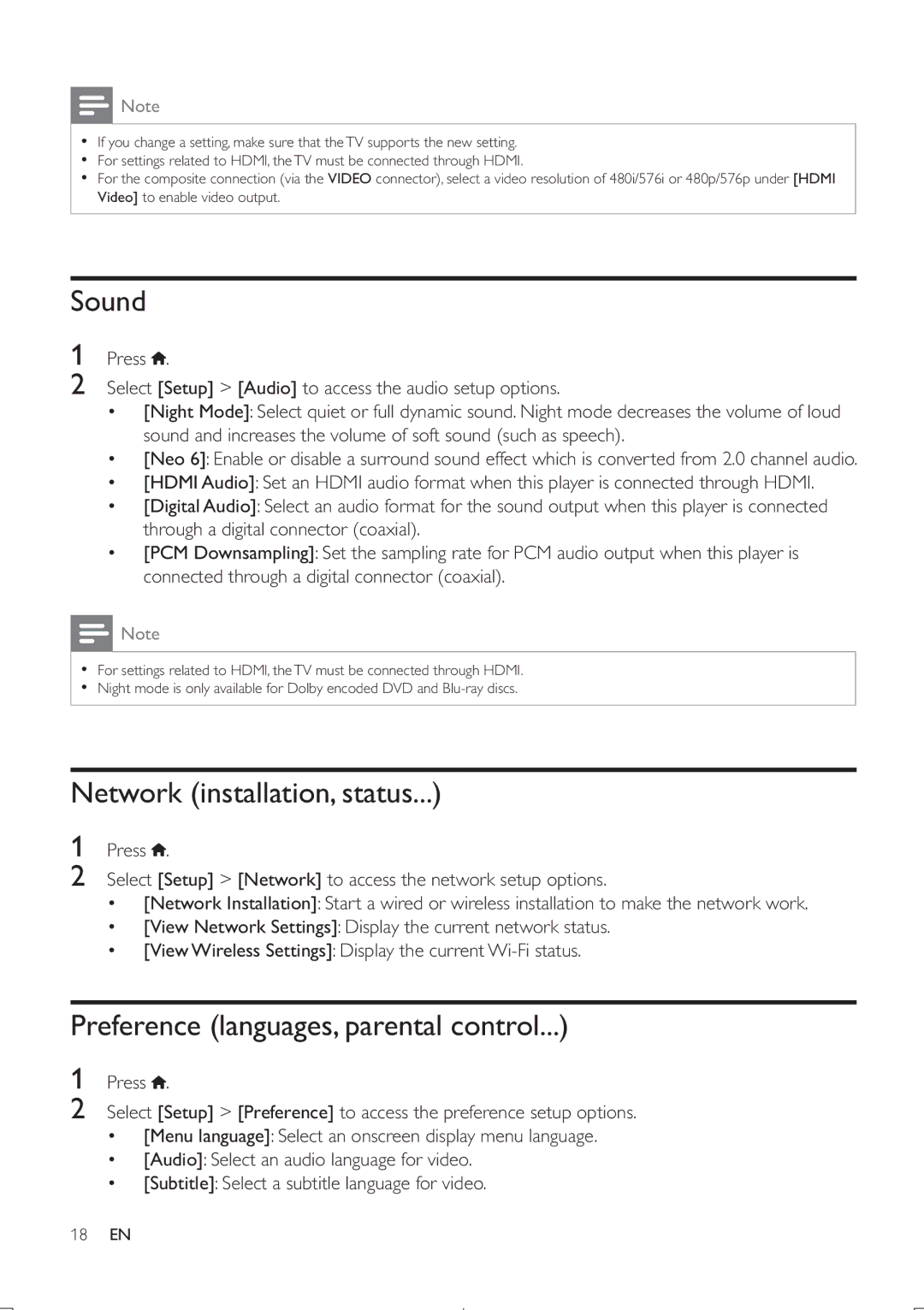 Philips BDP5406 user manual Sound, Network installation, status, Preference languages, parental control 