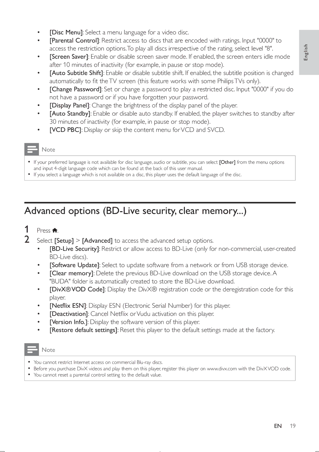 Philips BDP5406 user manual Advanced options BD-Live security, clear memory, Vcd Pbc 