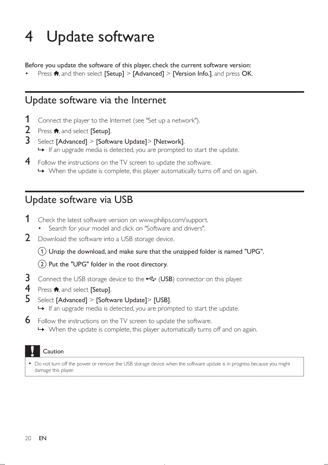 Philips BDP5406 user manual Update software via the Internet, Update software via USB 