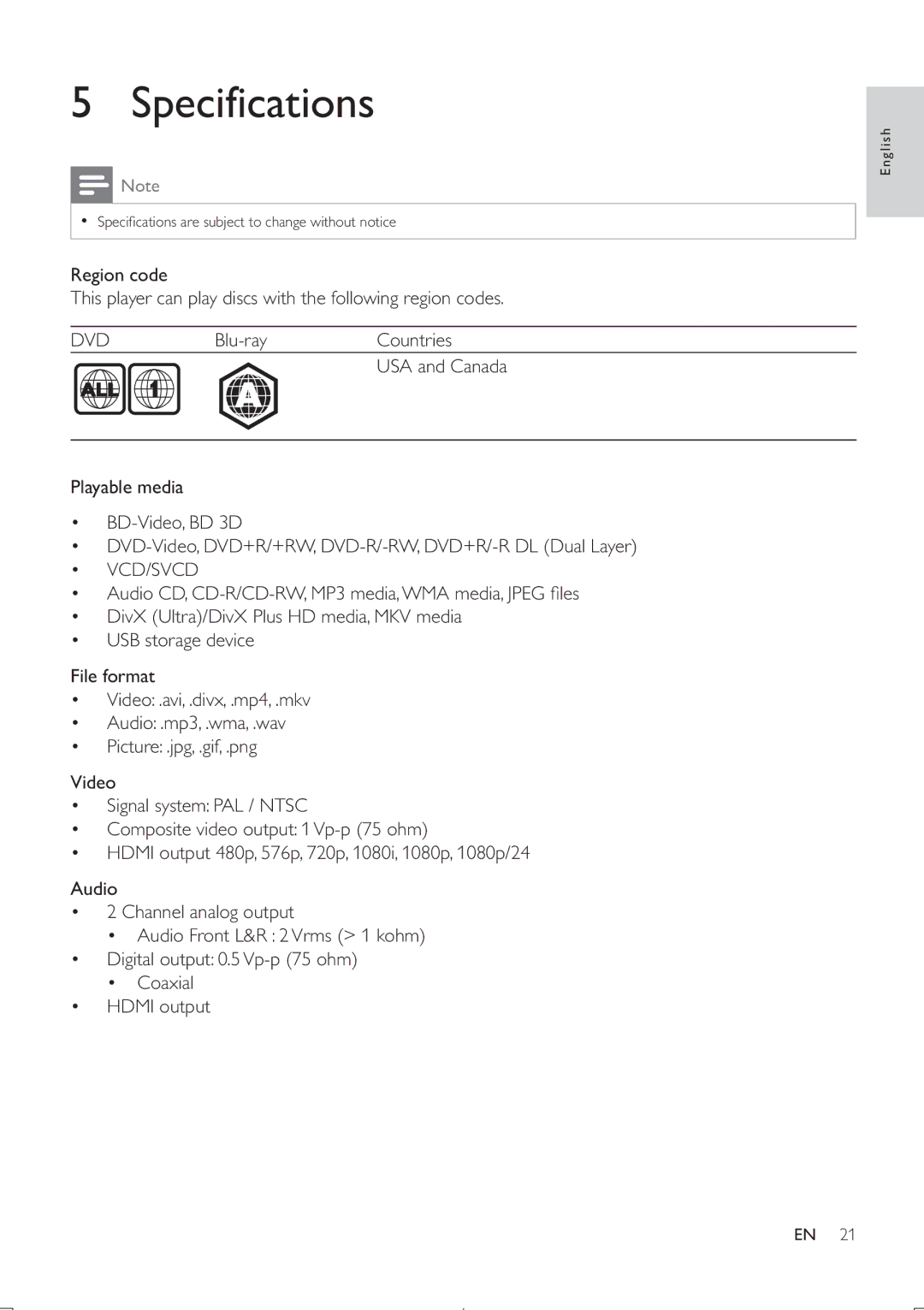 Philips BDP5406 user manual Specifications 