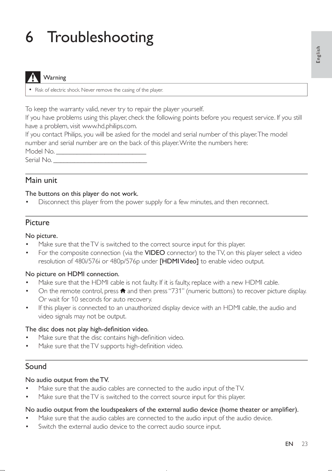 Philips BDP5406 user manual Troubleshooting 