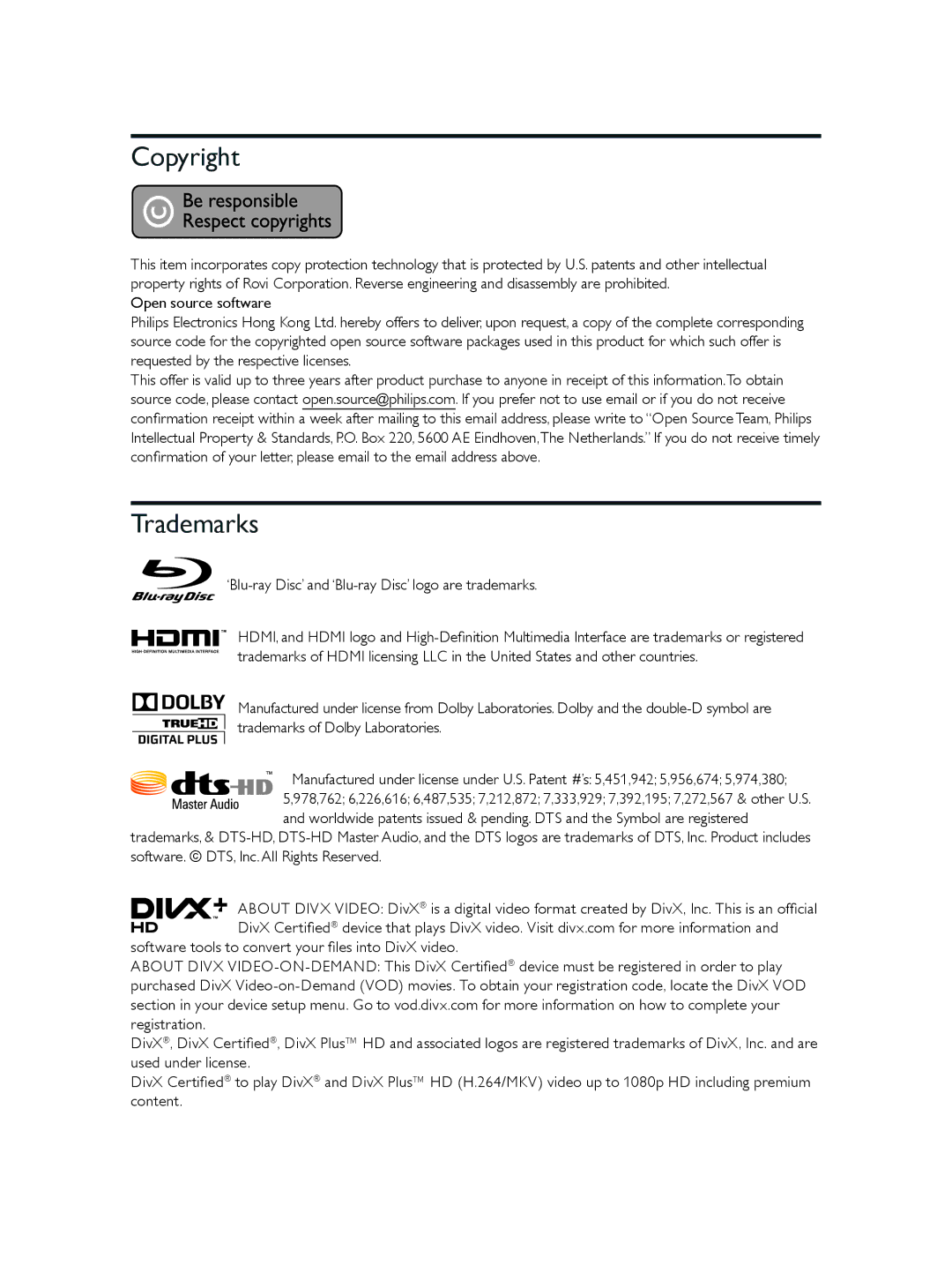 Philips BDP5406 user manual Open source software, ‘Blu-ray Disc’ and ‘Blu-ray Disc’ logo are trademarks 