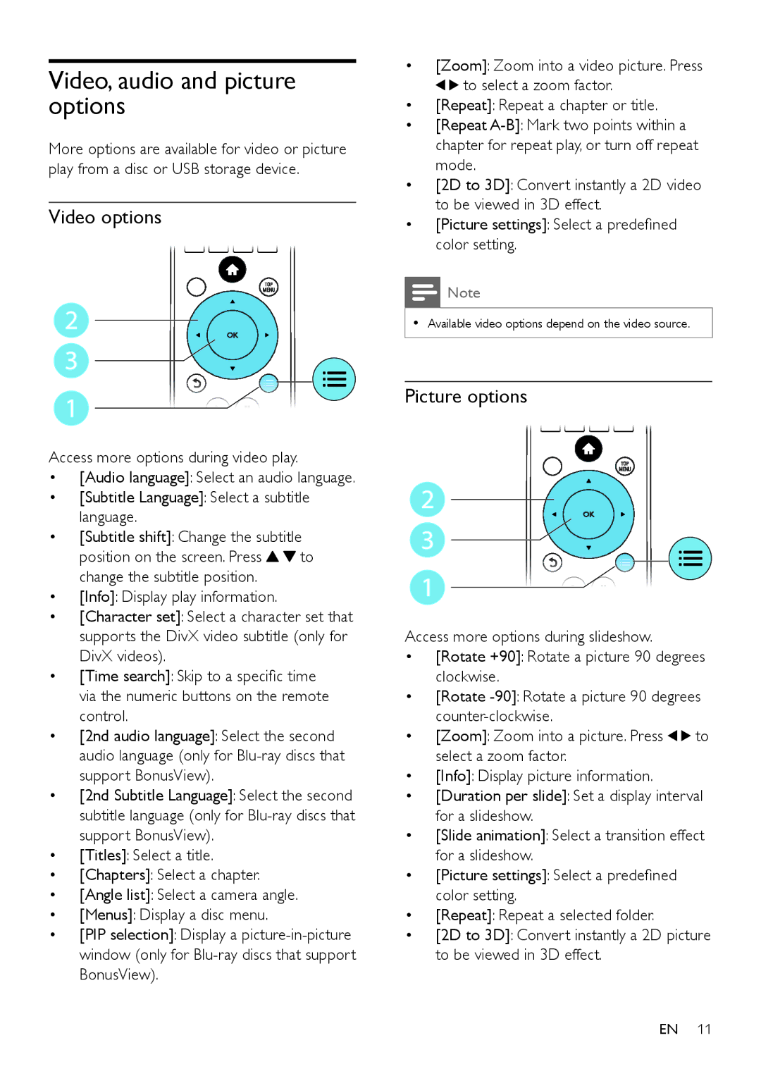 Philips BDP5500 Video, audio and picture options, Video options, Picture options, Access more options during video play 