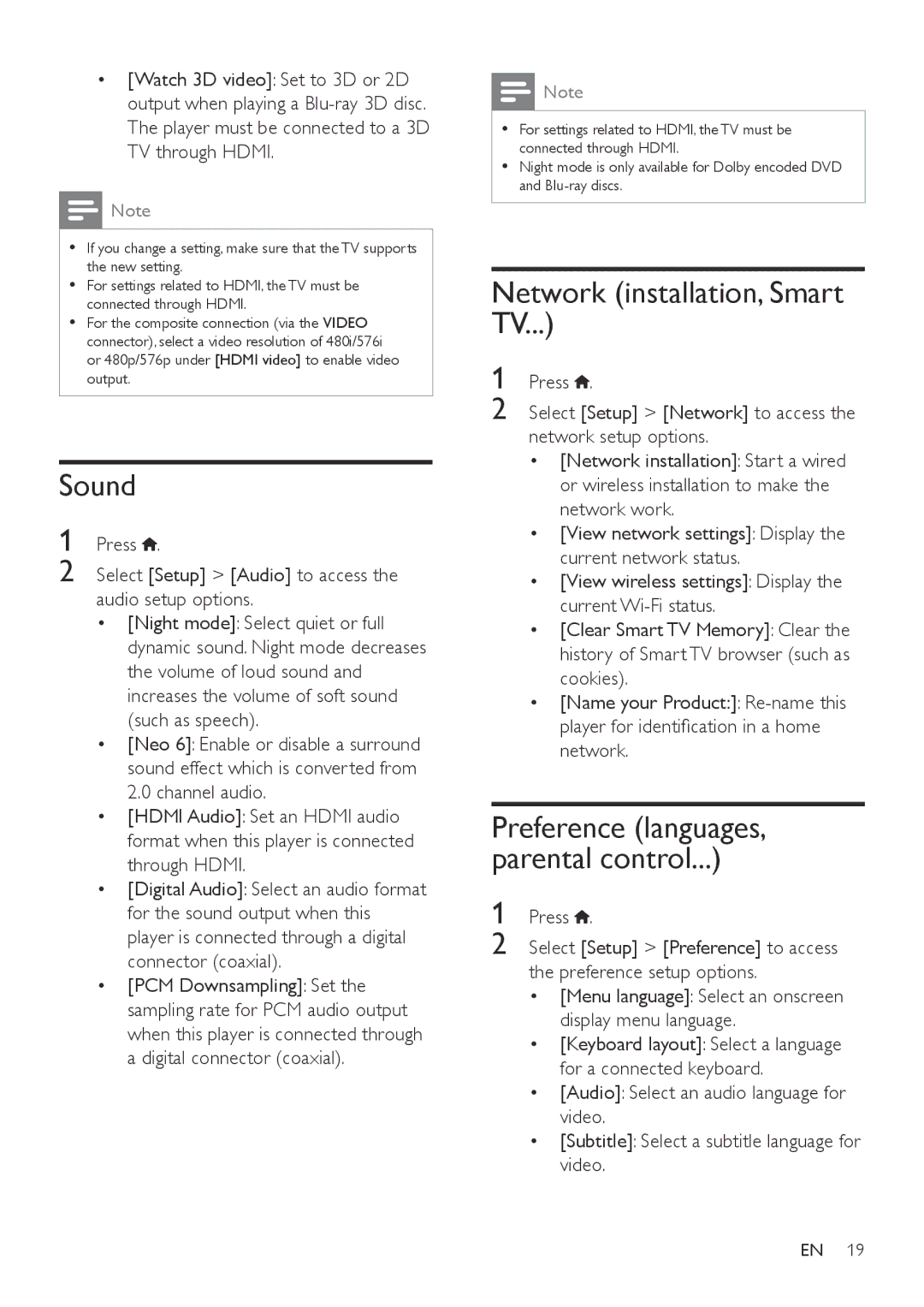 Philips BDP5500 user manual Sound, Network installation, Smart TV 