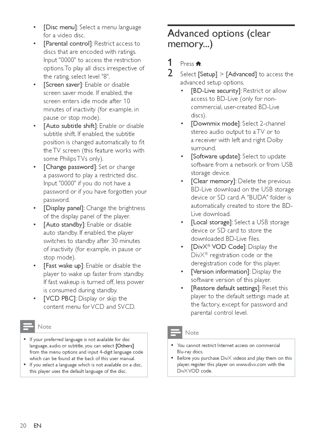 Philips BDP5500 user manual Advanced options clear memory, Disc menu Select a menu language for a video disc 