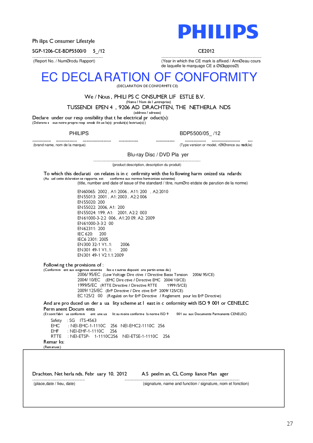 Philips BDP5500 user manual EC Declaration of Conformity 