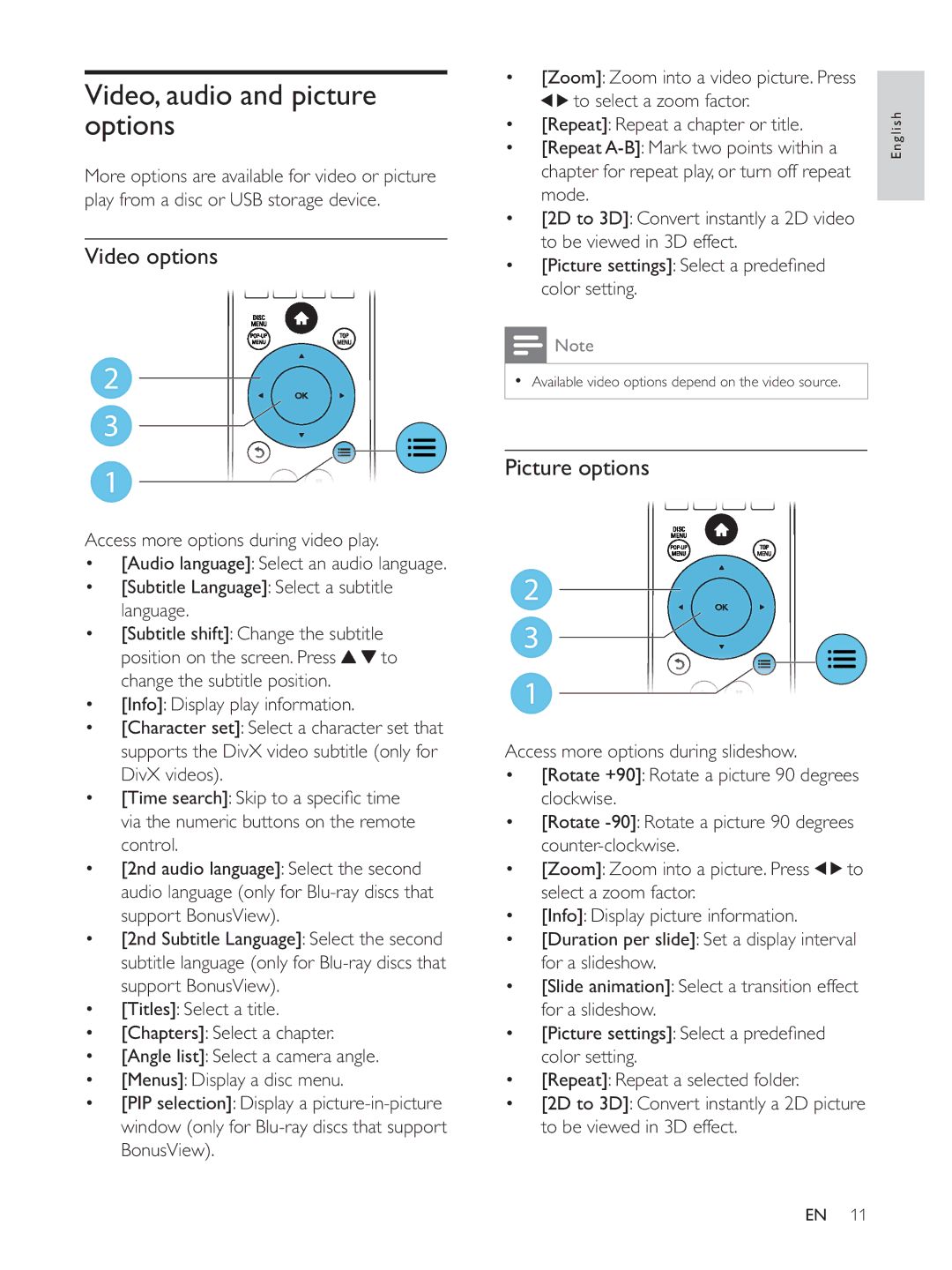 Philips BDP5510 user manual Video, audio and picture options, Video options, Picture options 