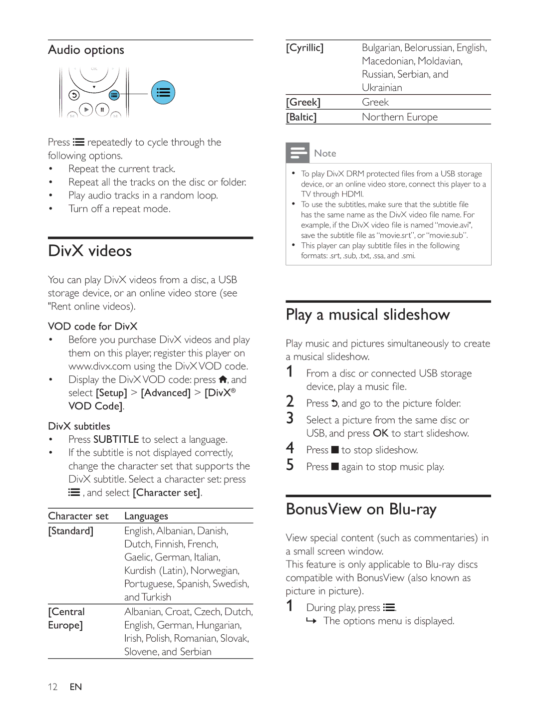 Philips BDP5510 user manual DivX videos, Play a musical slideshow, BonusView on Blu-ray, Audio options 