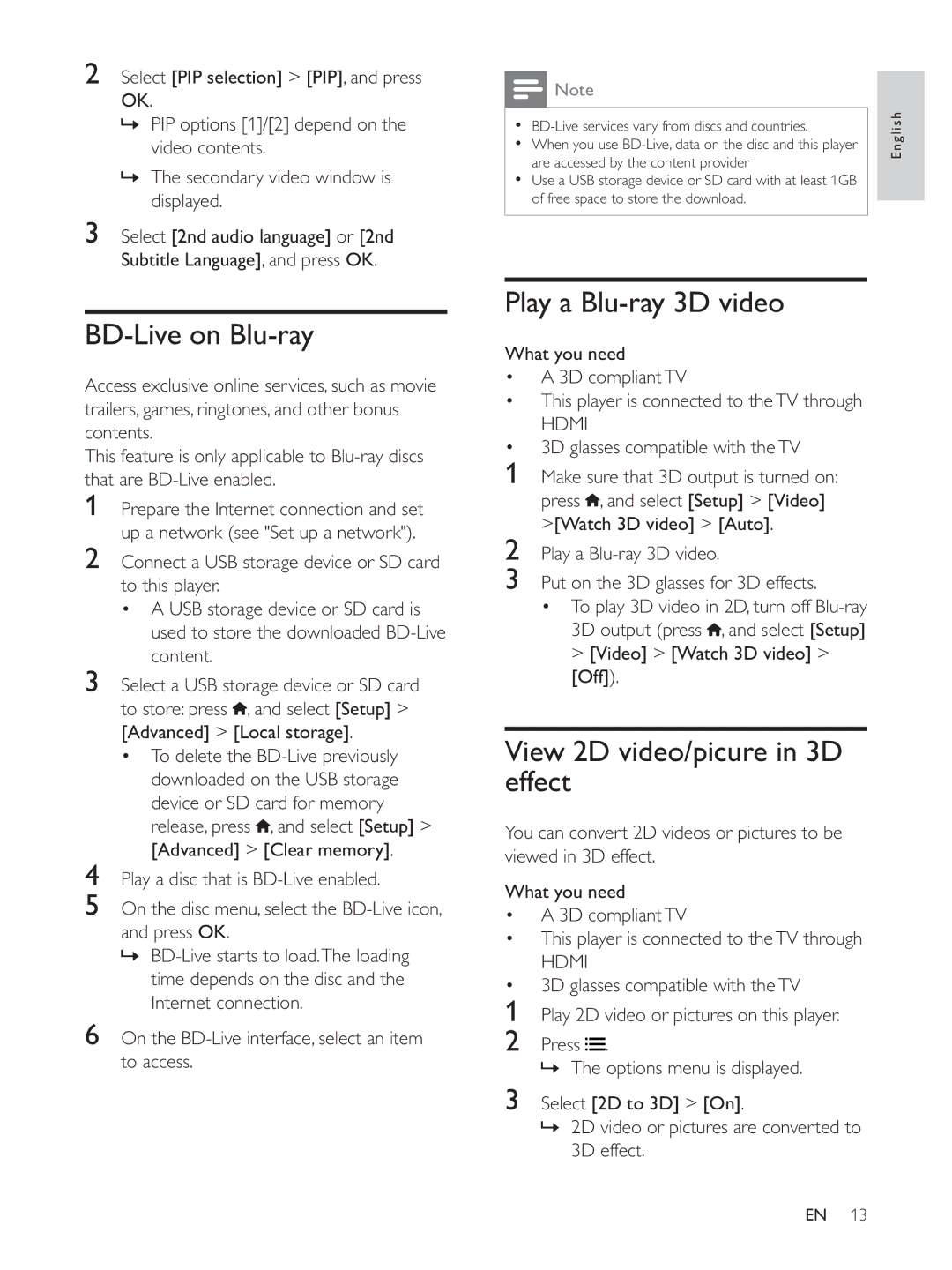 Philips BDP5510 user manual BD-Live on Blu-ray, Play a Blu-ray 3D video, View 2D video/picure in 3D effect, Hdmi 