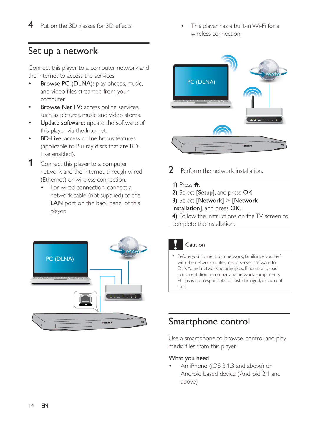 Philips BDP5510 user manual Set up a network, Smartphone control, Wireless connection 