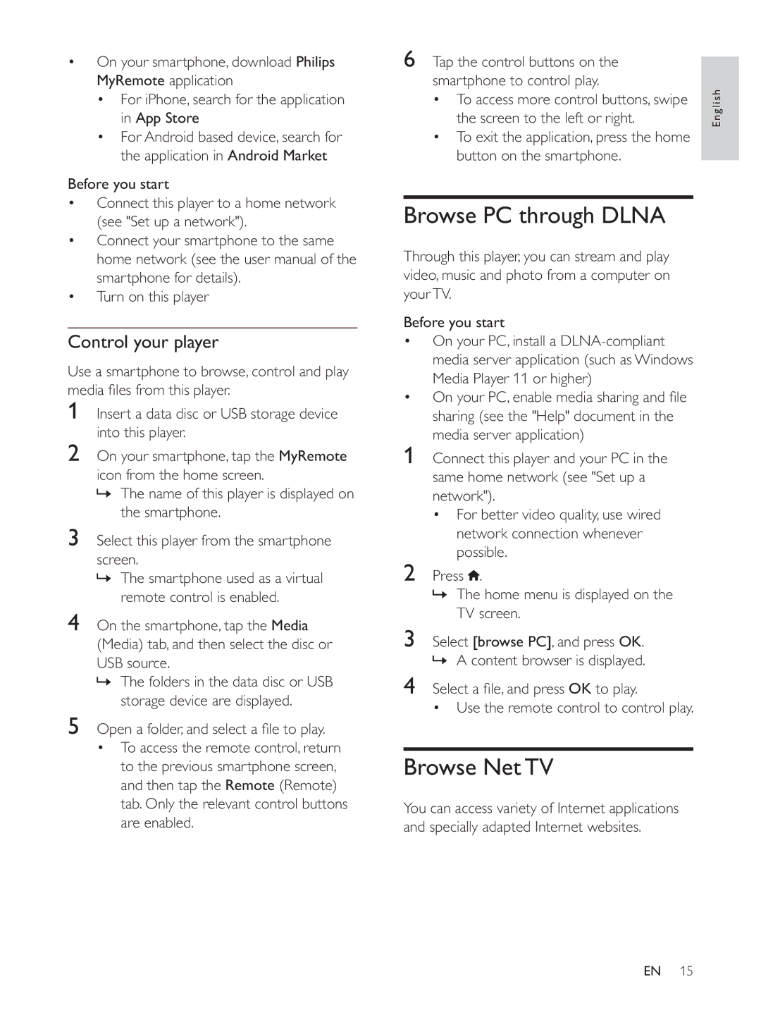 Philips BDP5510 user manual Browse PC through Dlna, Browse Net TV, Control your player 
