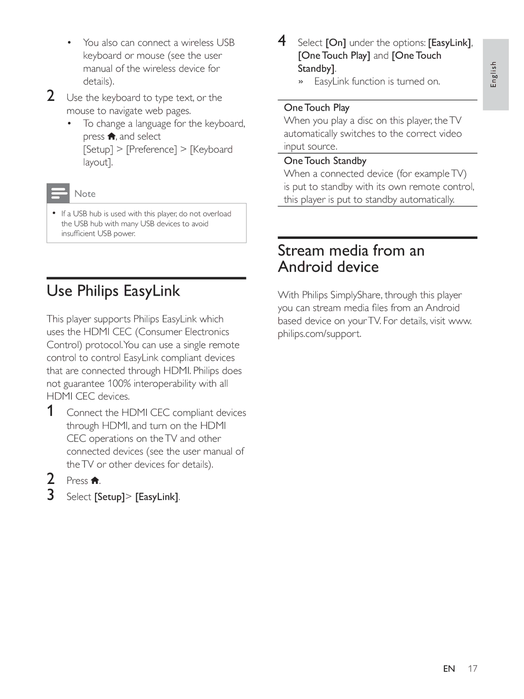 Philips BDP5510 user manual Use Philips EasyLink, Stream media from an Android device 