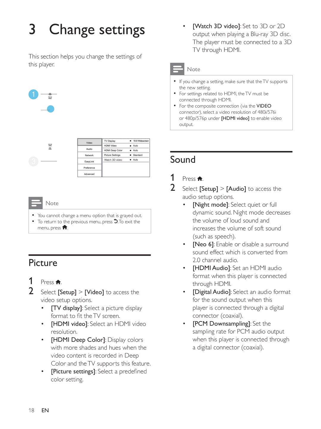 Philips BDP5510 user manual Change settings, Picture, Sound, This section helps you change the settings of this player 