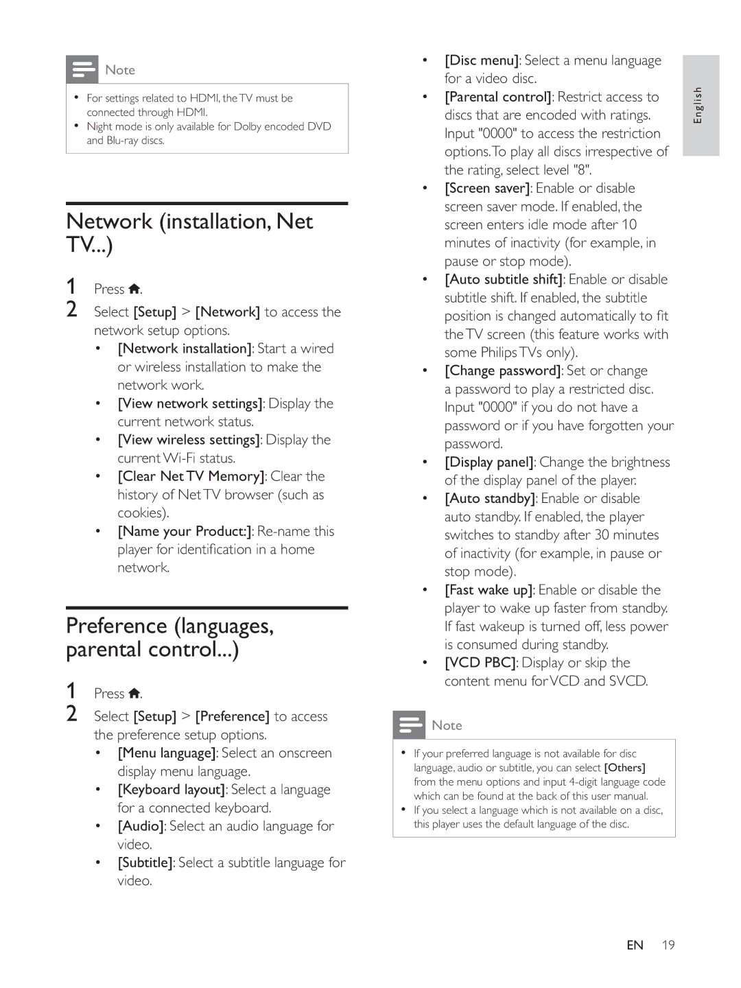 Philips BDP5510 user manual Network installation, Net TV, Preference languages, parental control 