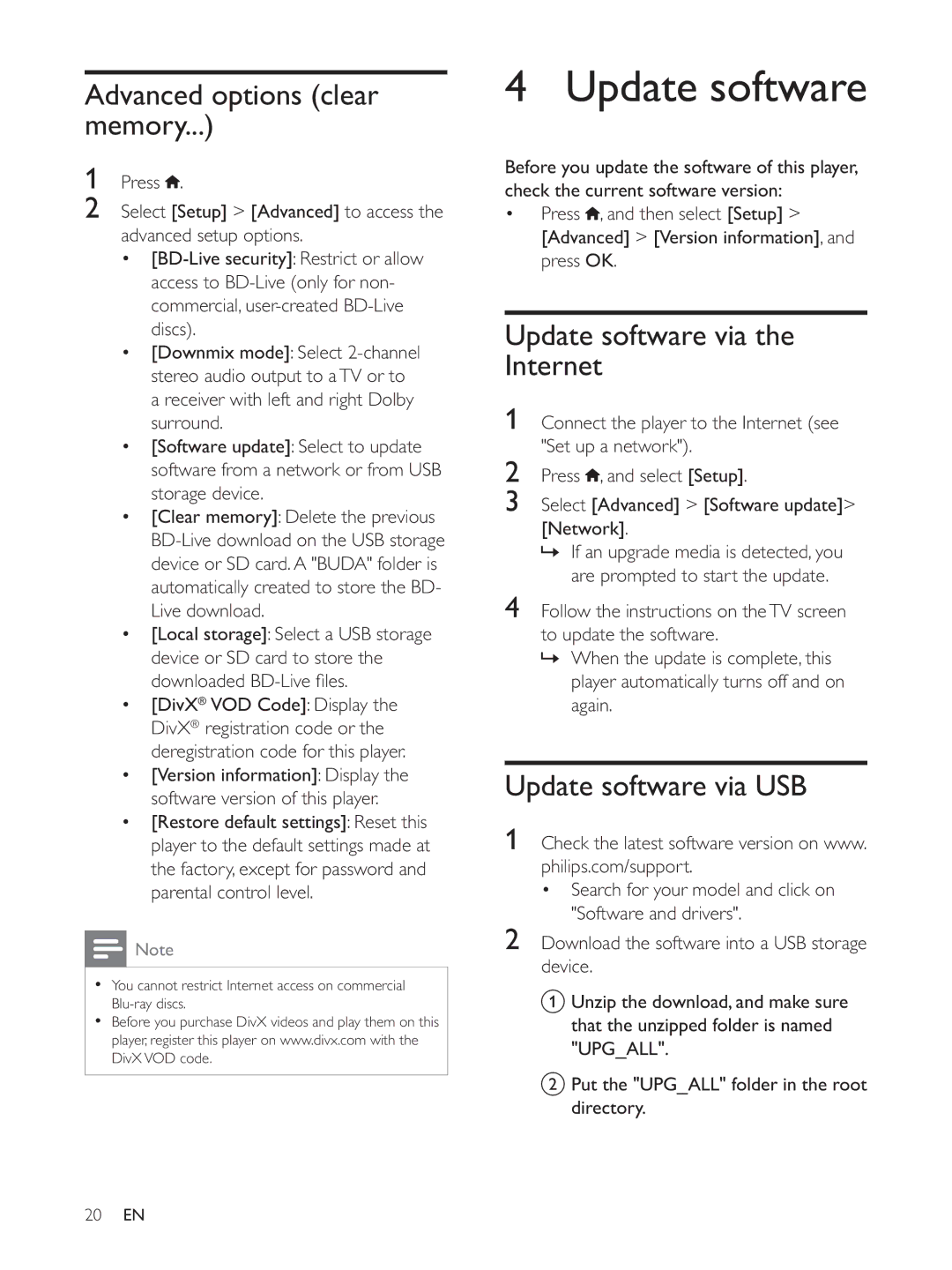 Philips BDP5510 user manual Advanced options clear memory, Update software via the Internet, Update software via USB 