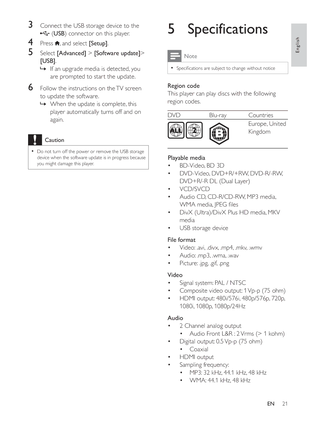 Philips BDP5510 user manual Specifications, Dvd, Vcd/Svcd 