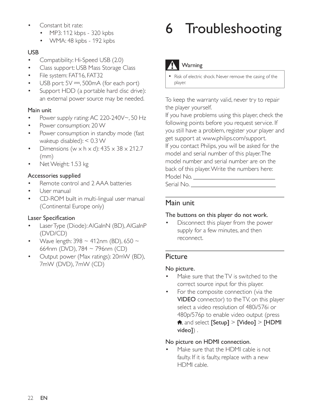 Philips BDP5510 user manual Troubleshooting, Main unit, Picture, Usb 