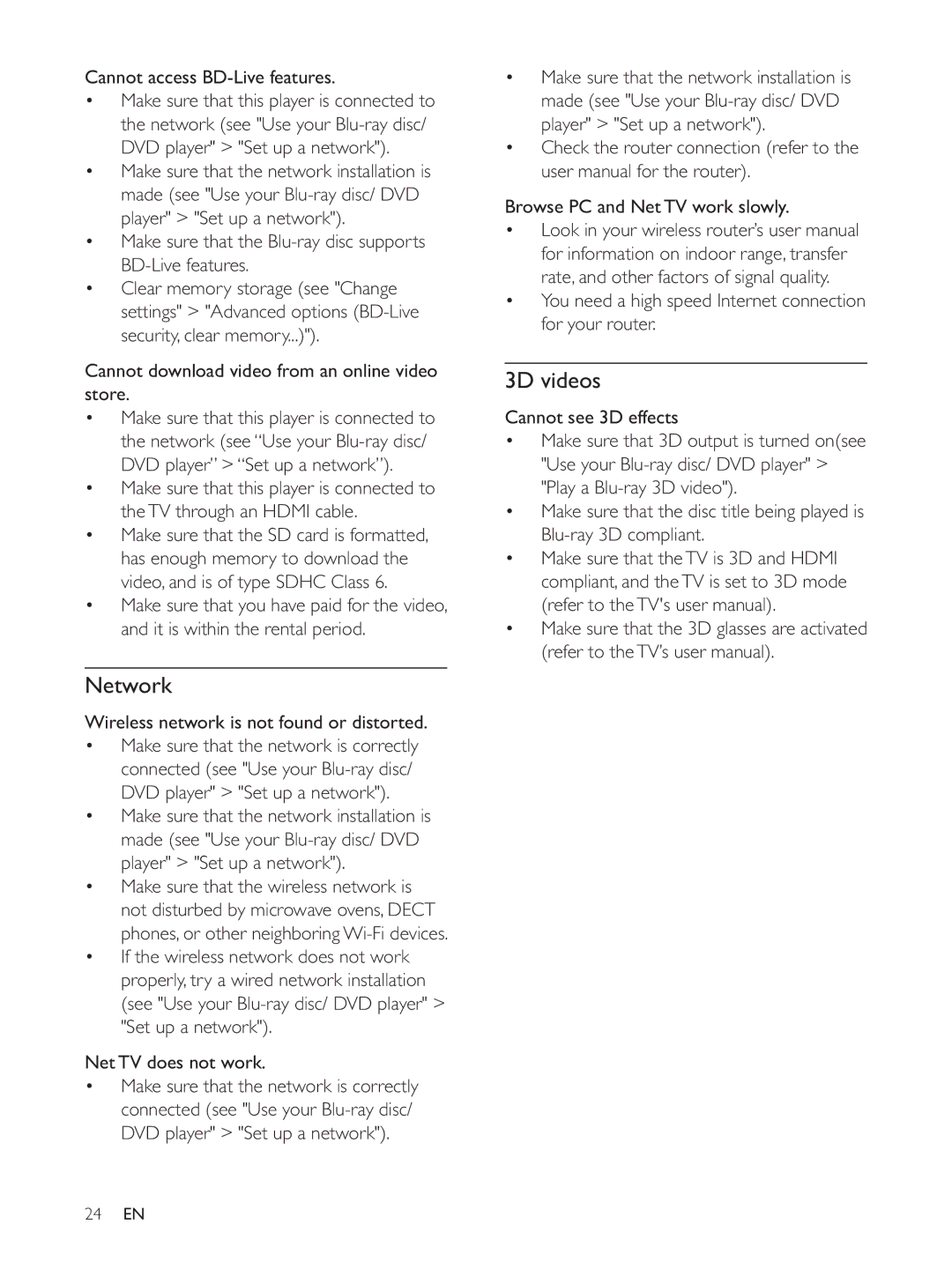 Philips BDP5510 user manual Network, 3D videos, Cannot access BD-Live features, Net TV does not work 