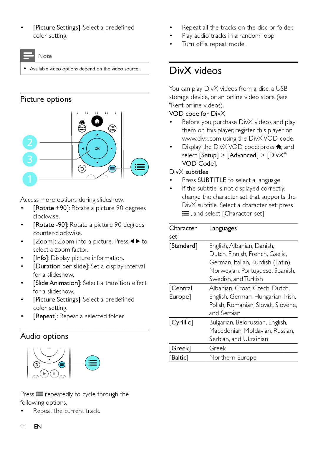 Philips BDP5602, BDP5600 DivX videos, Picture options, Audio options, Picture Settings Select a predefined color setting 