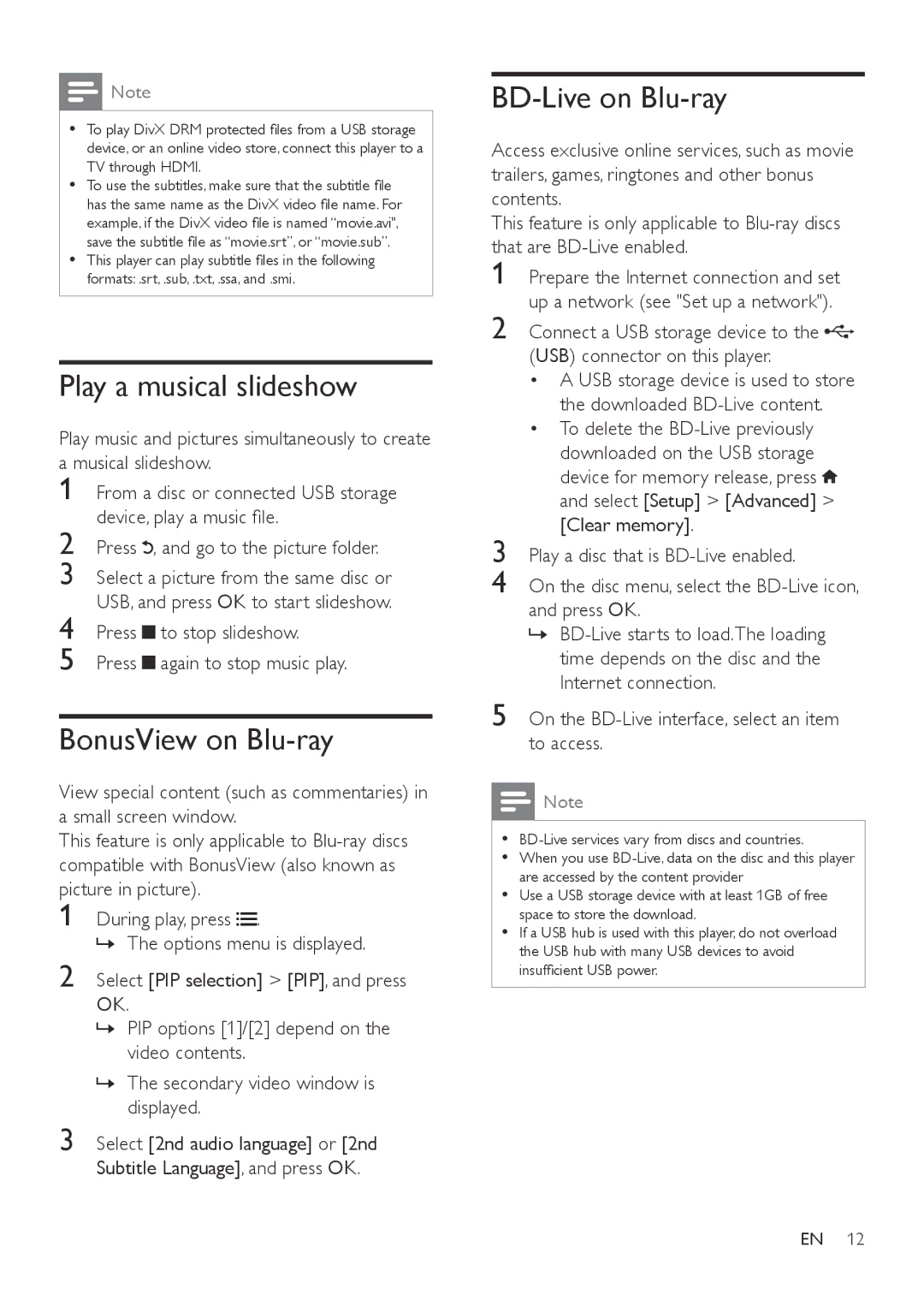 Philips BDP5600, BDP5602 user manual Play a musical slideshow, BonusView on Blu-ray, BD-Live on Blu-ray 