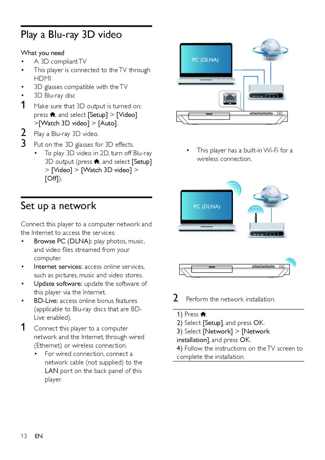 Philips BDP5602, BDP5600 user manual Play a Blu-ray 3D video, Set up a network, Hdmi 