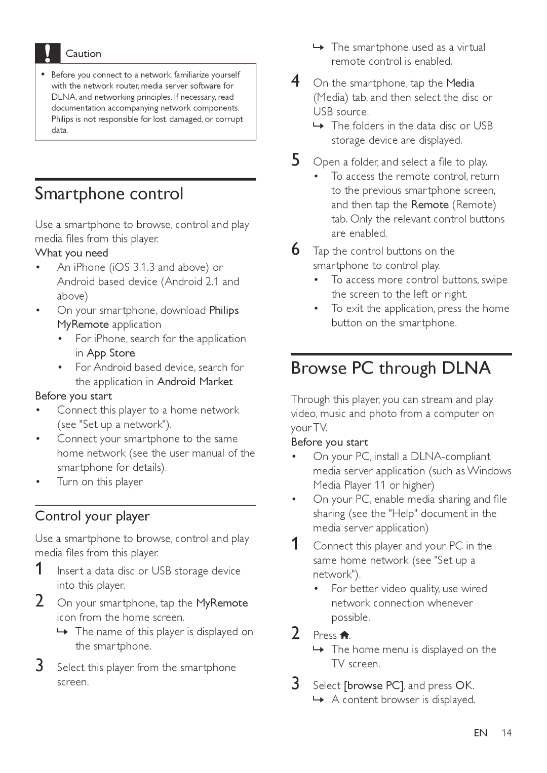 Philips BDP5600, BDP5602 user manual Smartphone control, Browse PC through Dlna, Control your player 