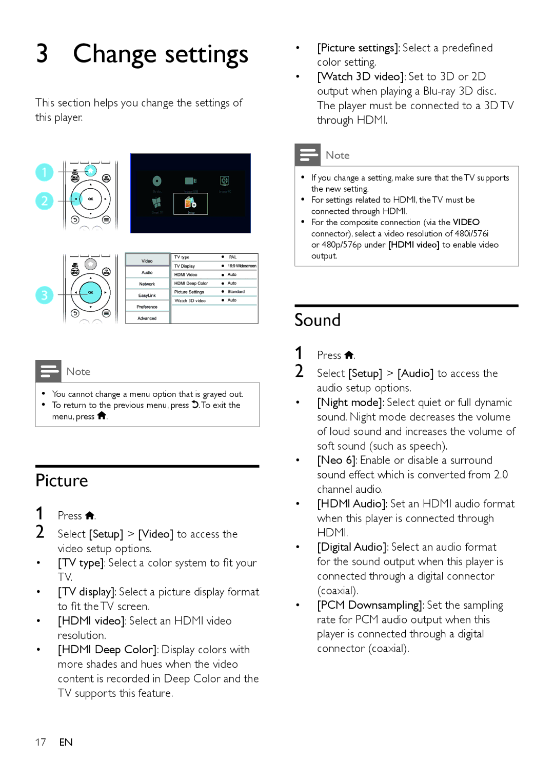 Philips BDP5602, BDP5600 Change settings, Picture, Sound, This section helps you change the settings of this player 