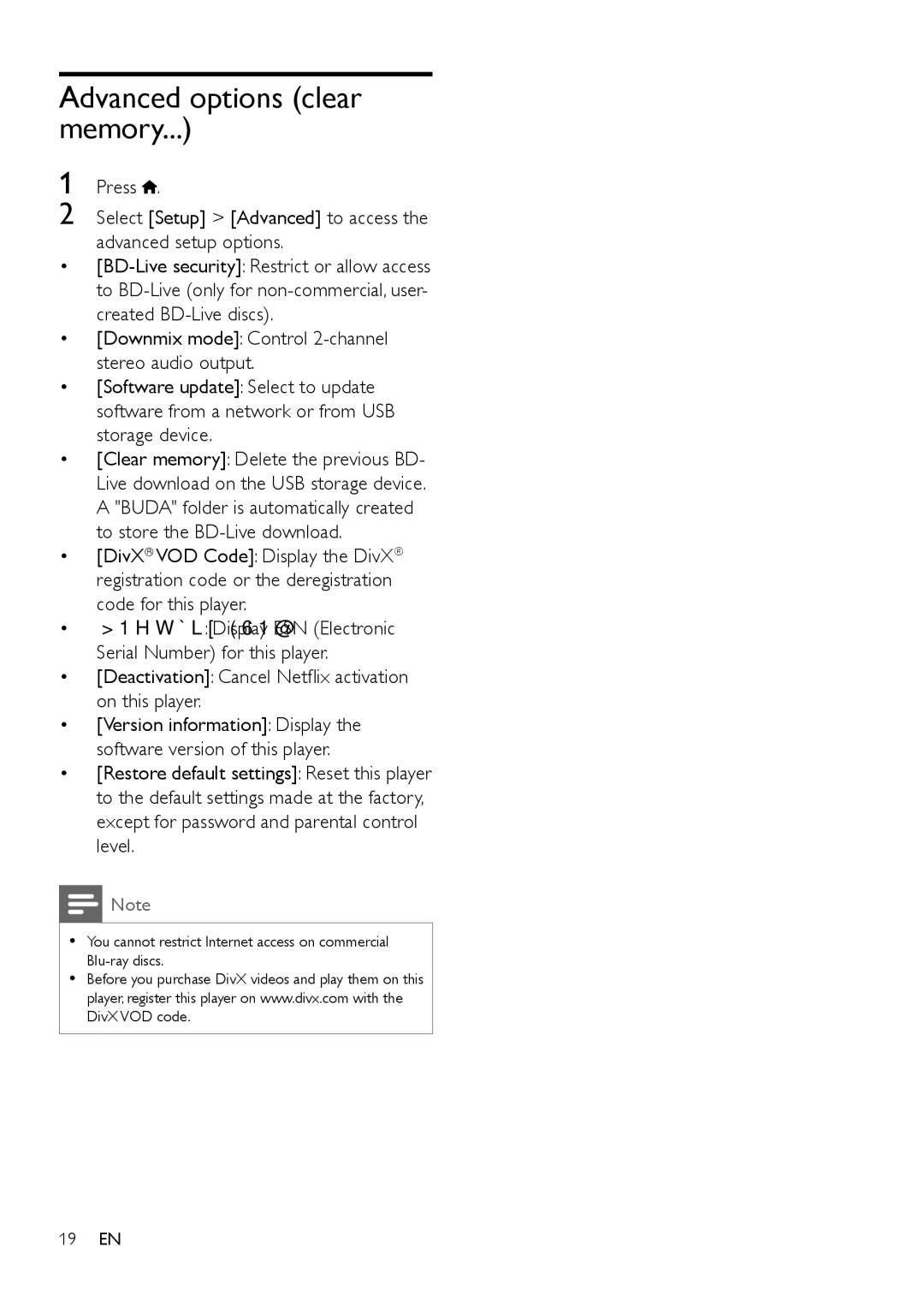 Philips BDP5602, BDP5600 user manual Advanced options clear memory, Deactivation Cancel Netflix activation on this player 