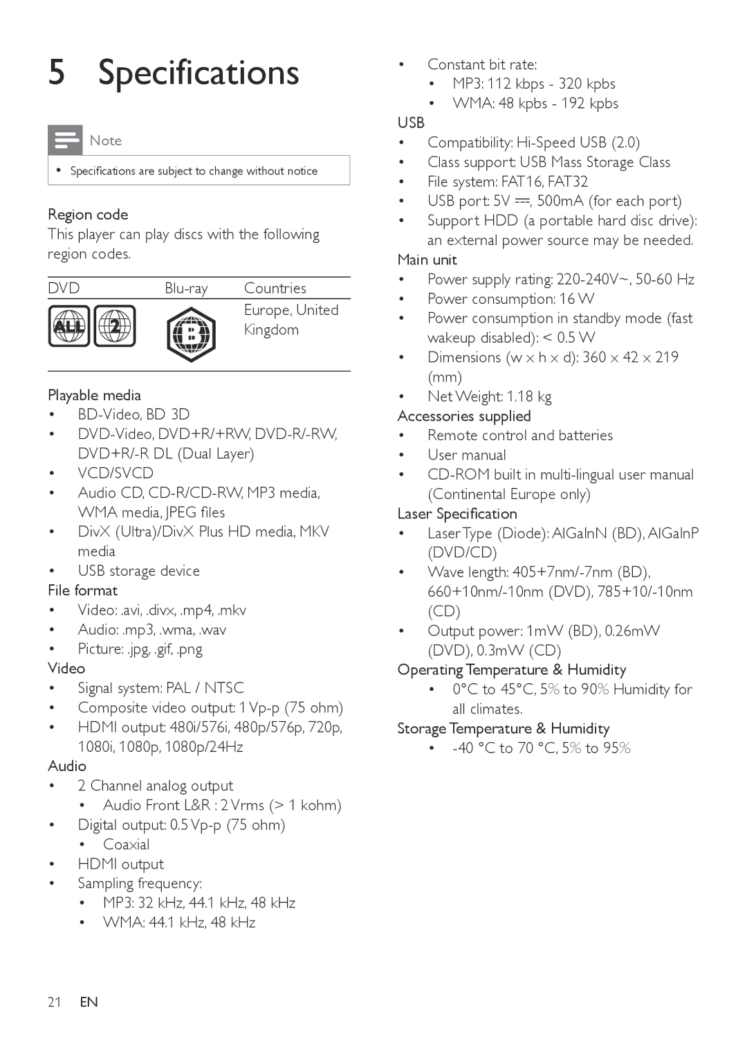 Philips BDP5602, BDP5600 user manual Specifications, Dvd, Vcd/Svcd, Usb 