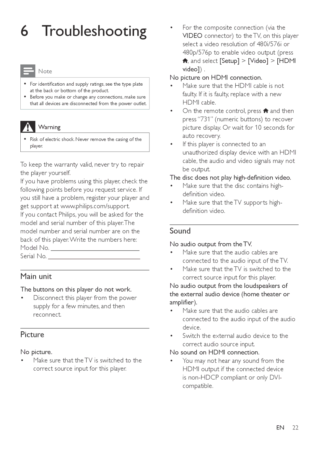 Philips BDP5600, BDP5602 user manual Troubleshooting, Main unit, Picture, Sound 