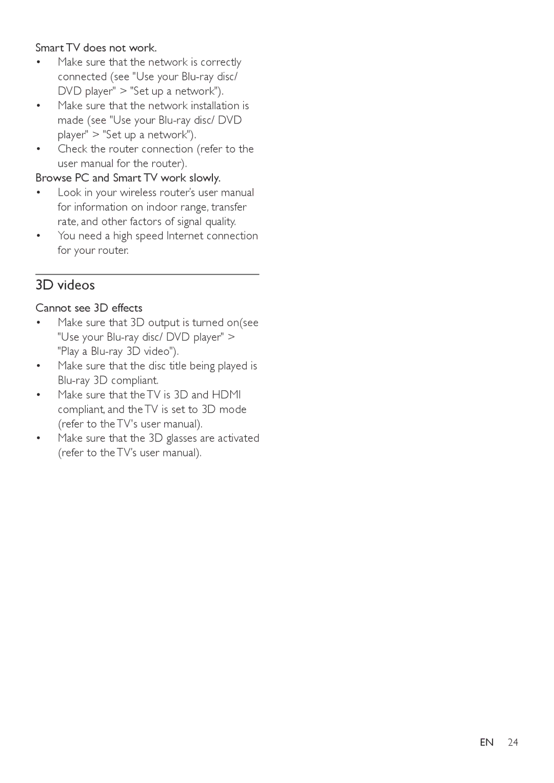 Philips BDP5600, BDP5602 user manual 3D videos, Smart TV does not work 