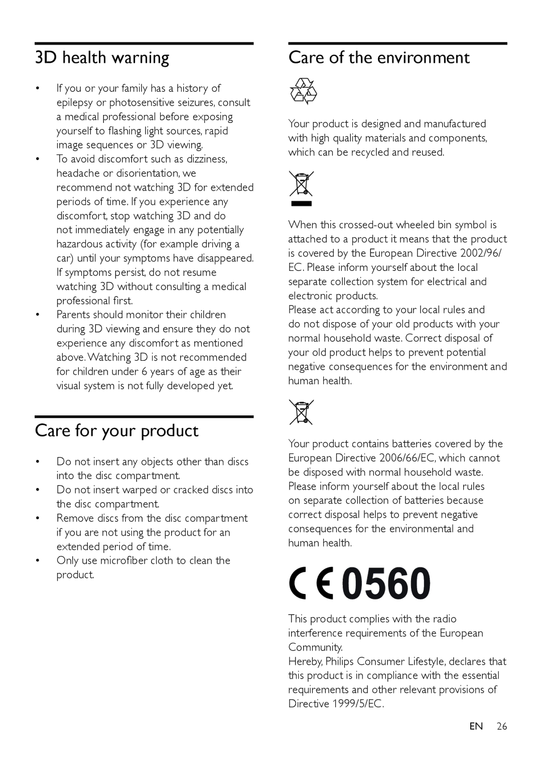 Philips BDP5600, BDP5602 user manual 3D health warning, Care for your product, Care of the environment 