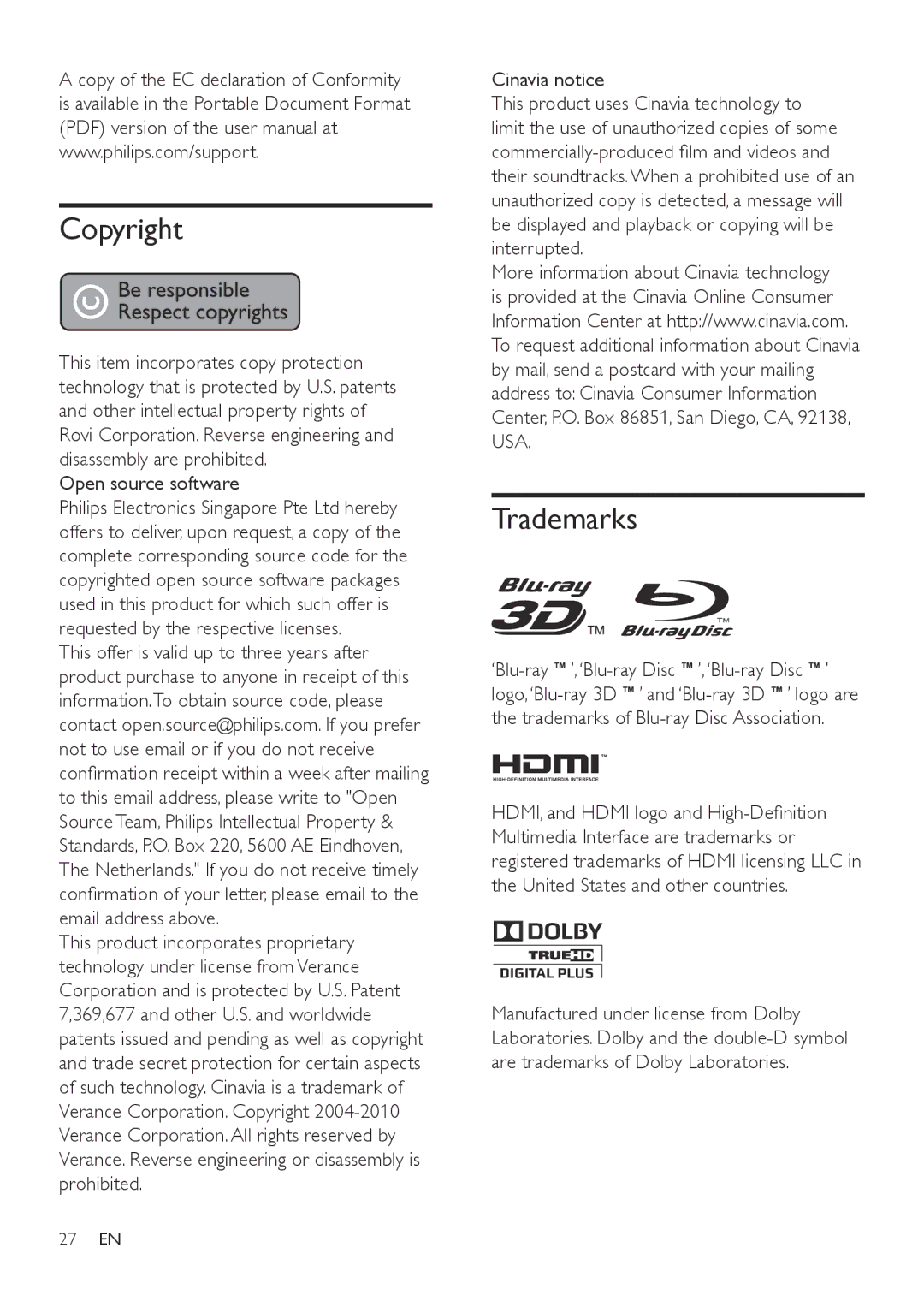 Philips BDP5602, BDP5600 user manual Copyright, Trademarks, Open source software, Cinavia notice 