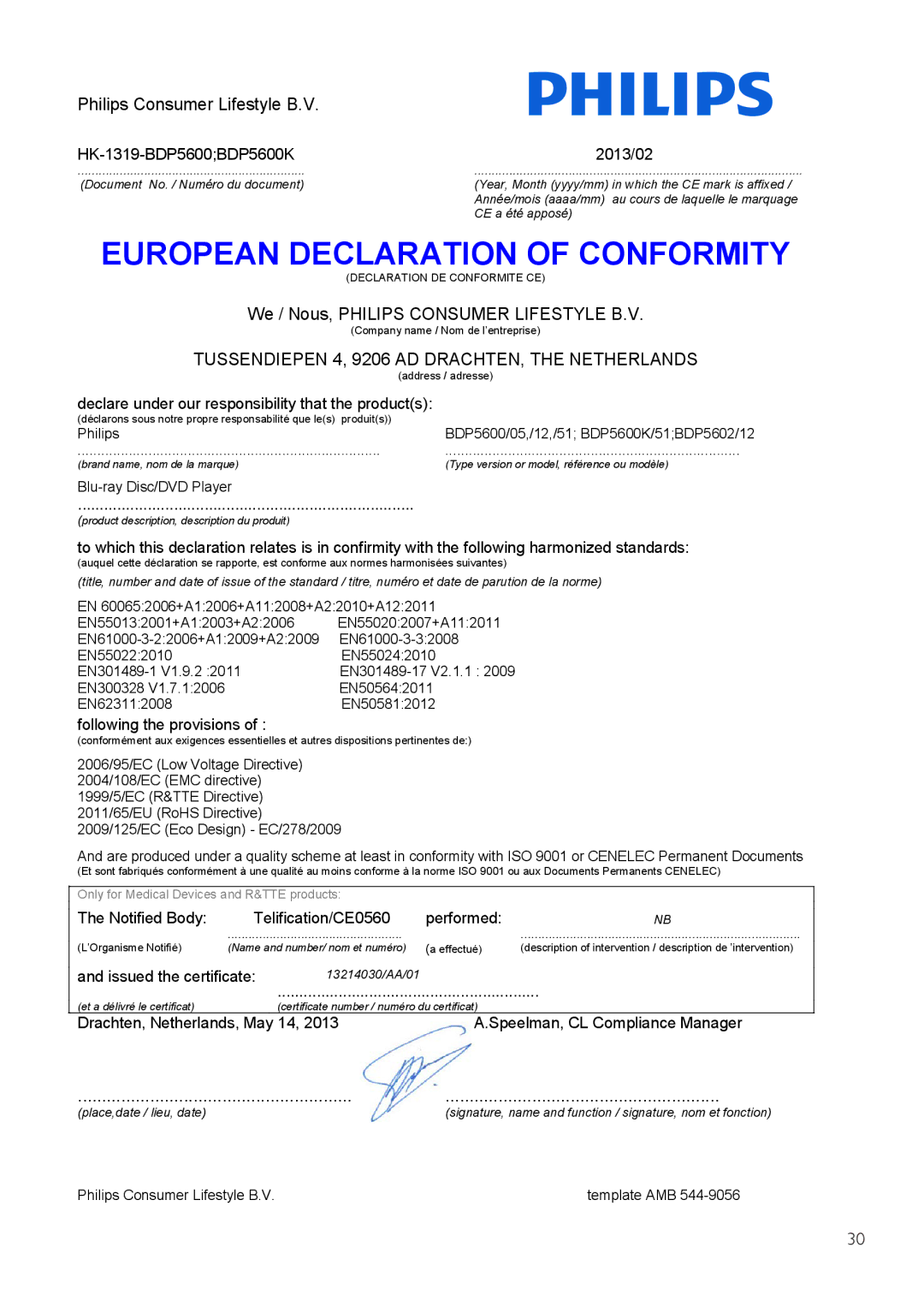 Philips BDP5600, BDP5602 user manual European Declaration of Conformity 