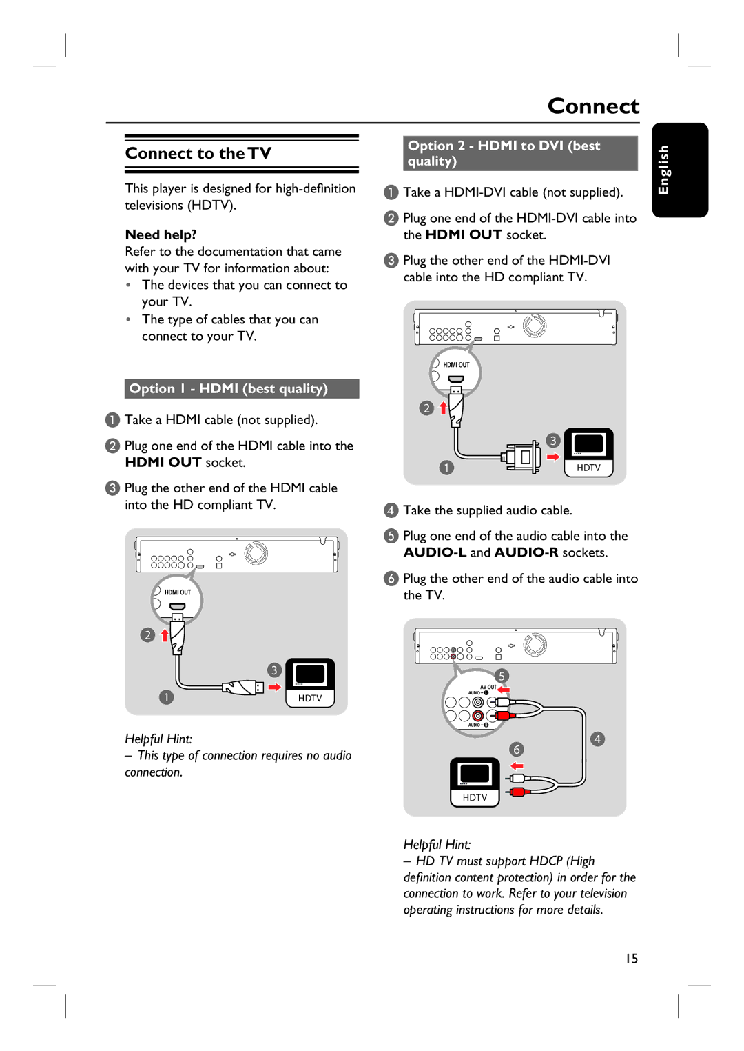 Philips BDP7100 user manual Connect to the TV, Option 1 Hdmi best quality, Option 2 Hdmi to DVI best quality 