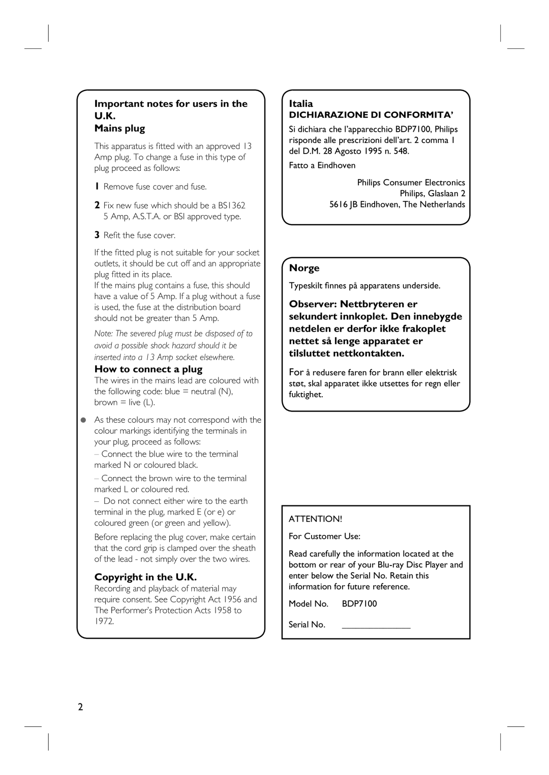 Philips BDP7100 Important notes for users in the U.K Mains plug, How to connect a plug, Copyright in the U.K, Italia 