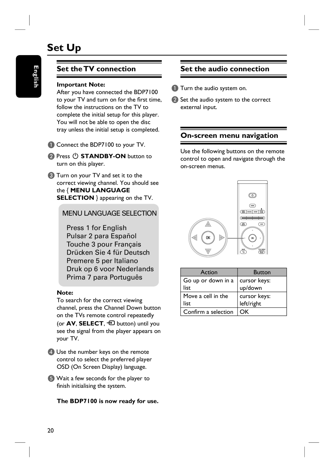 Philips BDP7100 Set Up, Set the TV connection Set the audio connection, On-screen menu navigation, Important Note 