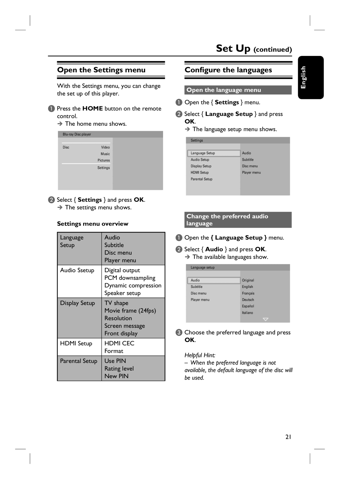 Philips BDP7100 user manual Open the Settings menu, Configure the languages, Open the language menu, Settings menu overview 