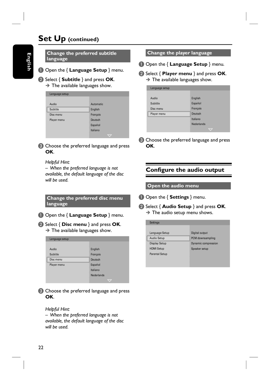 Philips BDP7100 Configure the audio output, English Change the preferred subtitle language, Change the player language 